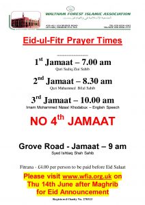 WFIA EID ul Fitr times 2018