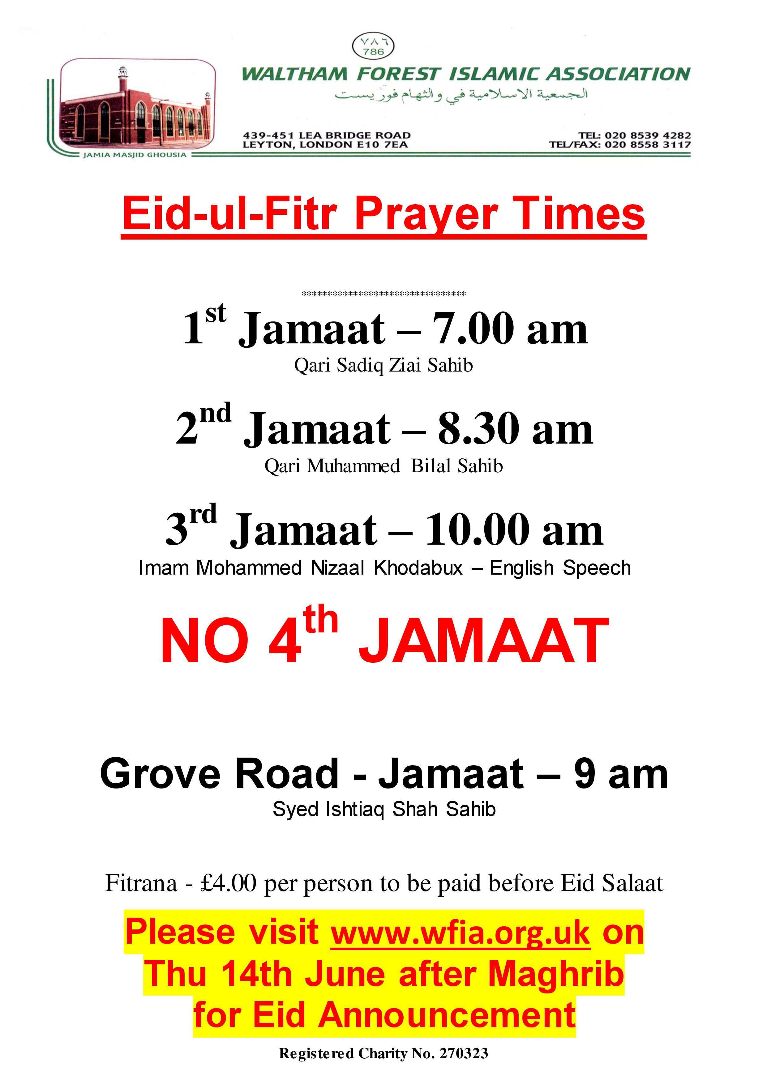 WFIA EID ul Fitr times 2018